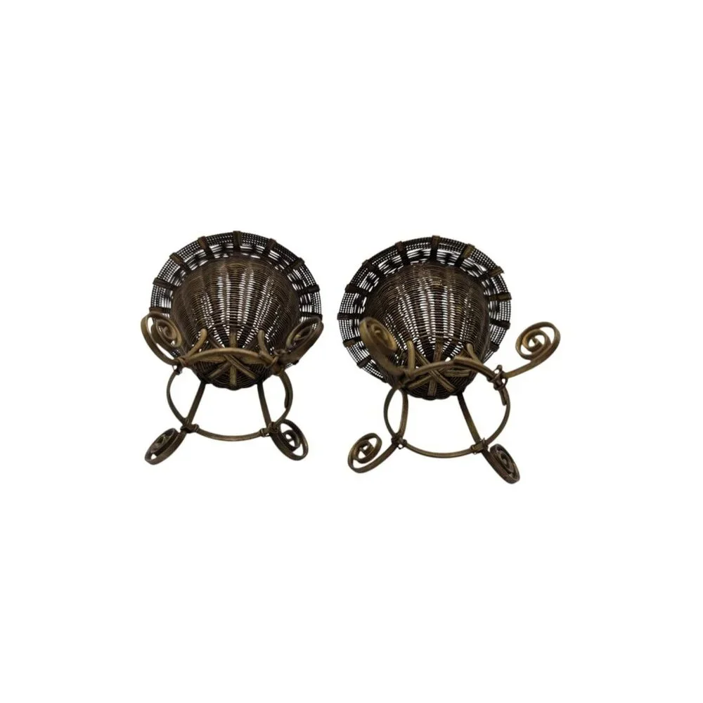 Set Of 2 Vintage Antique Brass Tiny Woven Baskets, egg holder